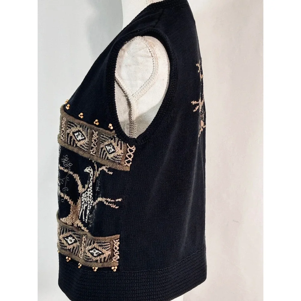 Sharon Young Sportswear Safari Animal Knit Vest‎ Black Peacock Zebra Giraffe Vtg